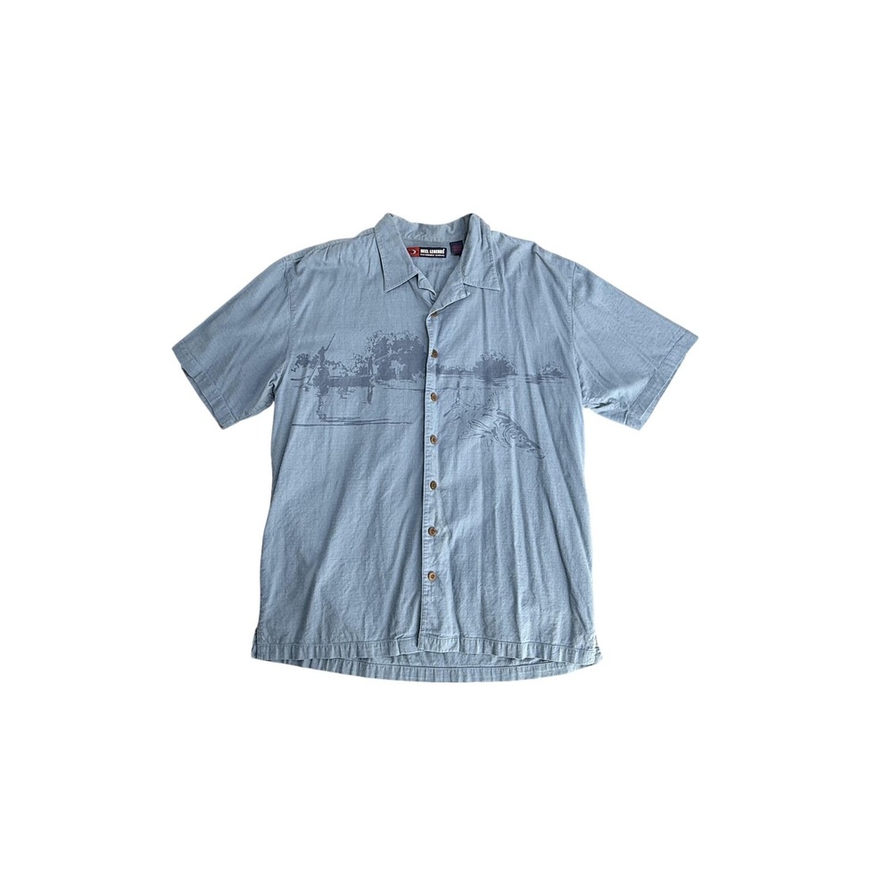 Reel Legends Shirt Mens Large Blue Fishing Graphic‎ Short Sleeve Button Front
